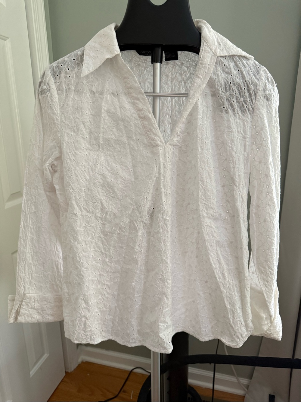 Autograph New York White Eyelet Embroidered Cotton Popover‎ Blouse Size L Boho